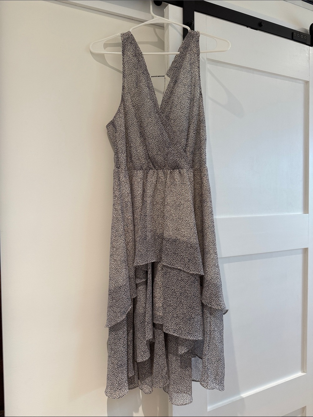 BCBGeneration Gray Printed V-Neck High-Low Ruffle Dress